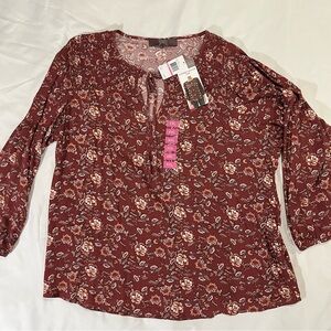 NWT Berkley Jensen Womens XXL Warm Cocoa Brown Shirred Floral Top Blouse NEW 2XL